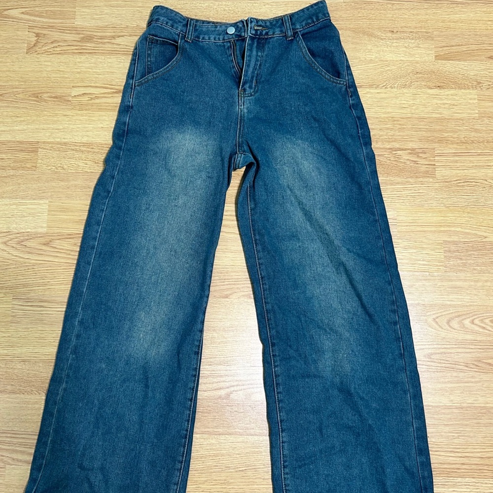 Blue Straight Leg Jeans with Classic Medium Blue Denim Color